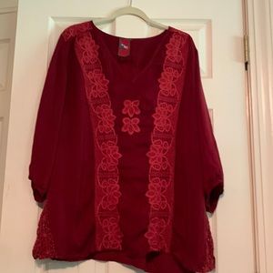 Johnny Was Burgundy Tunic with Crotchet Lace Detailing XL